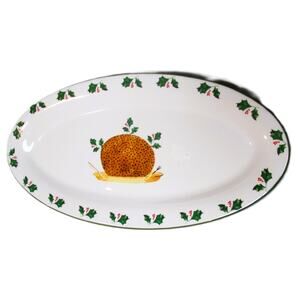 Holiday Oval Ceramic Platter Holly Berry Border Christmas Pudding 16" Long